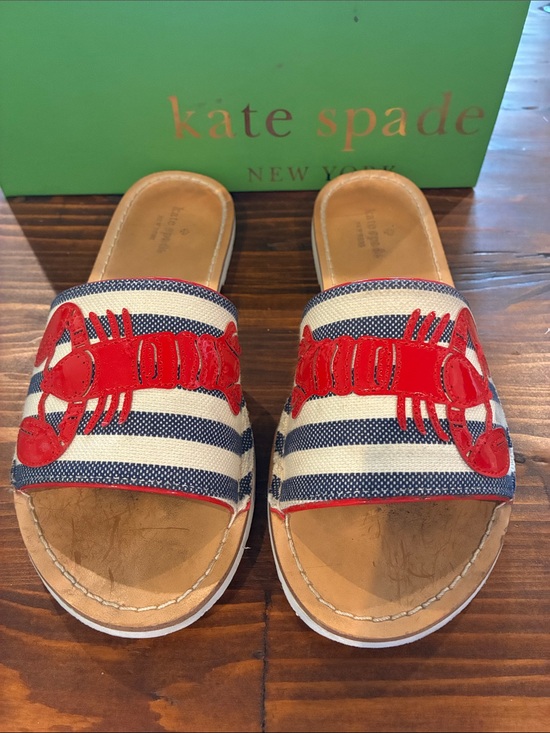 kate spade Shoes - kate spade Navy & White Stripe Slides with Red Lobster Appliqué